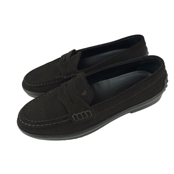 TOD'S Brown Suede Penny Loafers Driver Shoes Women's Size 38.5 US 8.5 - Picture 1 of 10